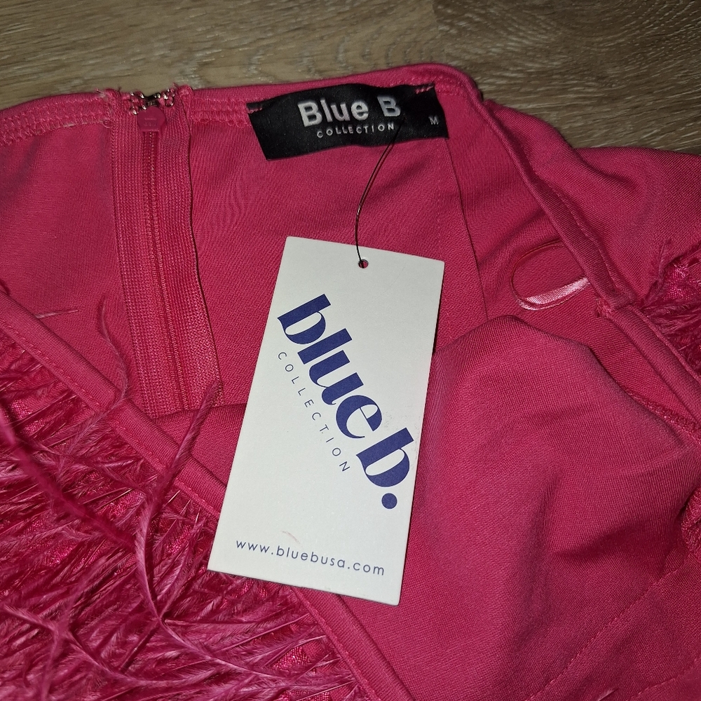 NWT Women’s Blue B Bodycon Feather Accent Mini Strapless Dress Pink Medium - Picture 8 of 11